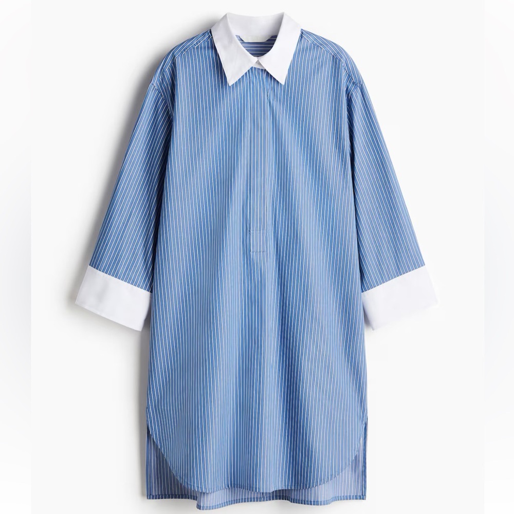 Blue Striped Shirt Dress with White Collar